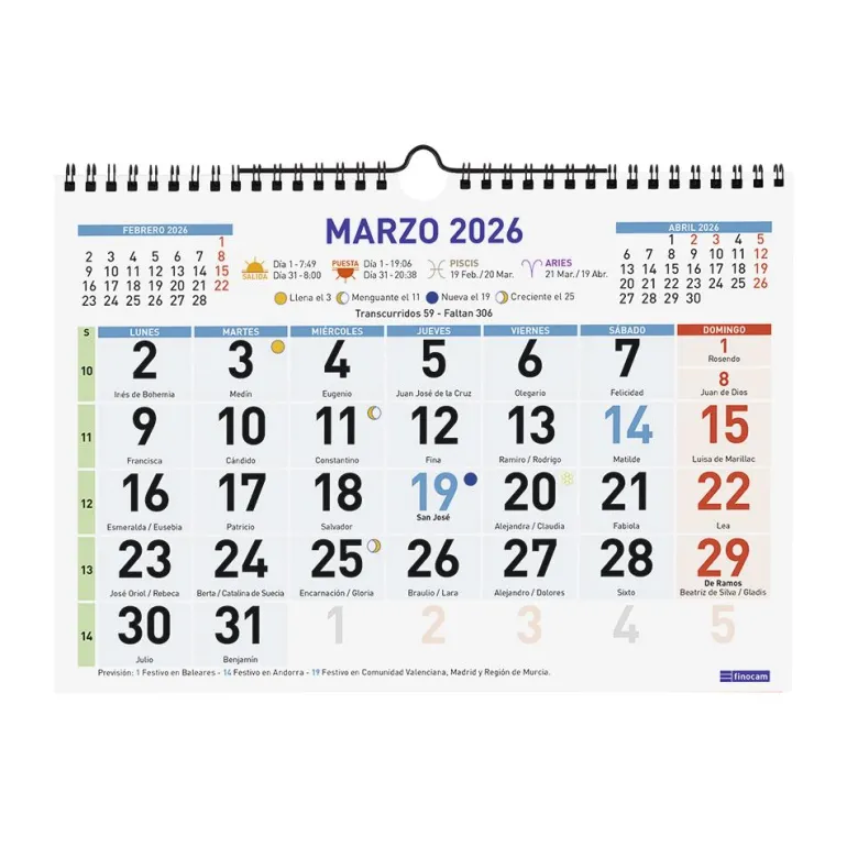 Calendario pared color 2026 números grandes