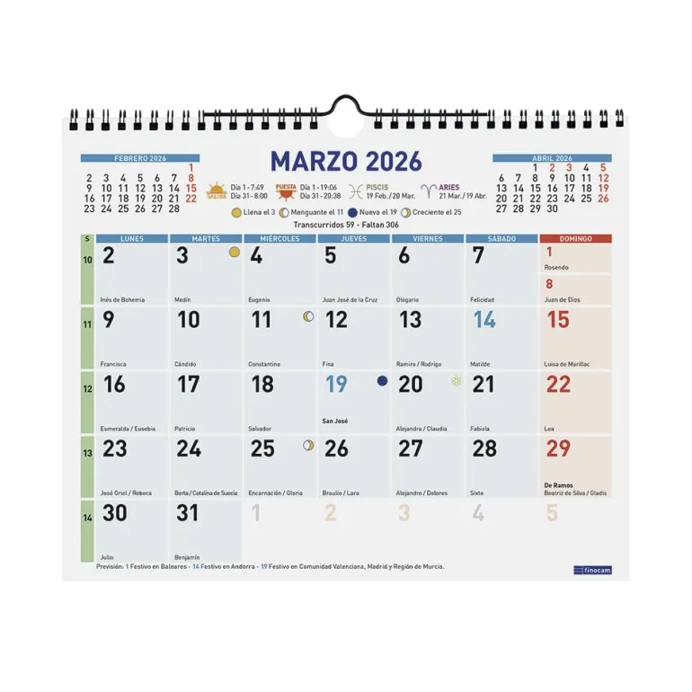 Calendario pared color escribir M 2026
