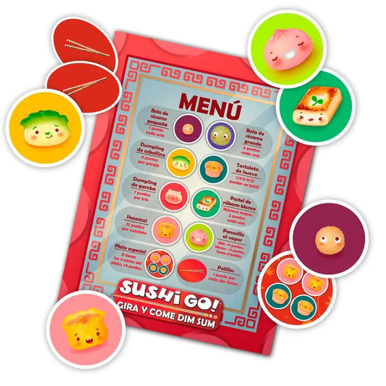 Juego de mesa Sushi Go gira y come dim sum.