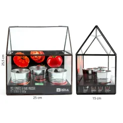 Kit de cultivo invernadero cristal tomates bio con 3 macetas metal