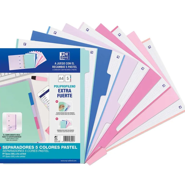 Separadores colores pastel tamaño A4 5 posiciones 4 taladros PP